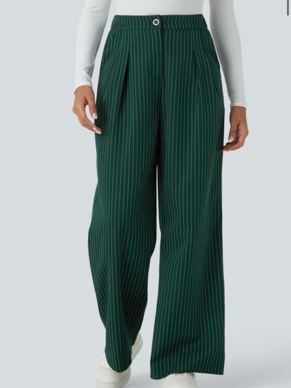 HALARA Forest Green Pinstripe Wide Leg Trousers